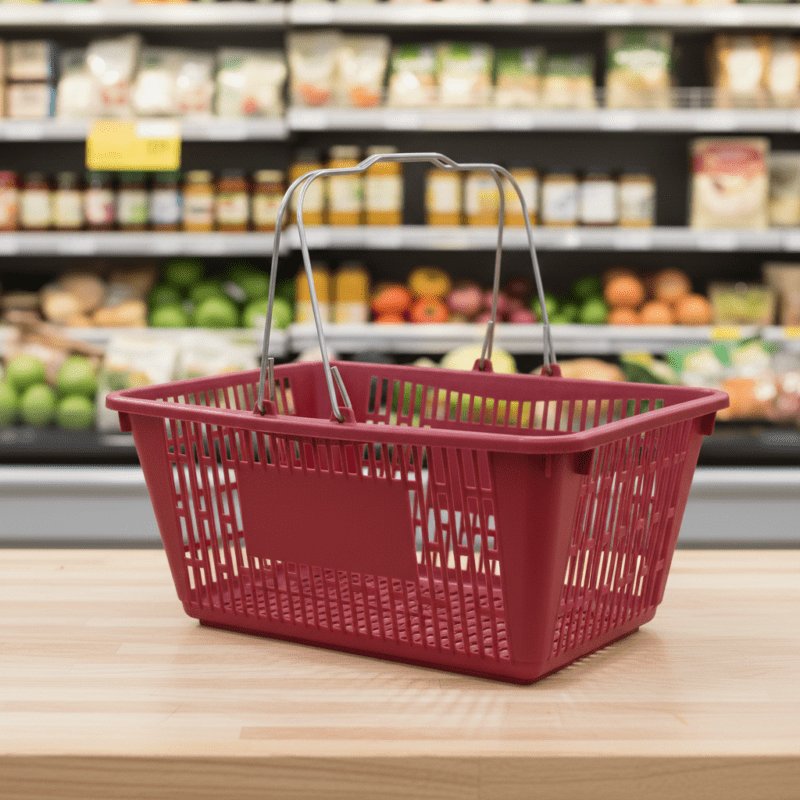 Maroon Jumbo Plastic Shopping Baskets with sign and stand case of 12