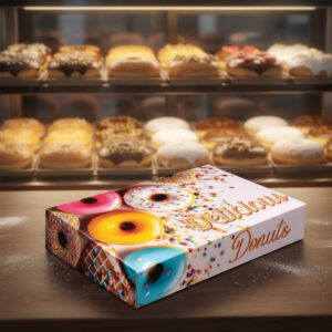 Half Dozen Donut Box Stock Print Delicious Design in front of baker display