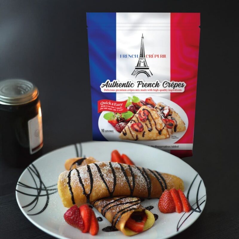 Example of Authentic French Crêpe Mix showing crepes on a plate and bag of mix Authentic French Crêpe Mix showing crepes on a plate and bag of mix