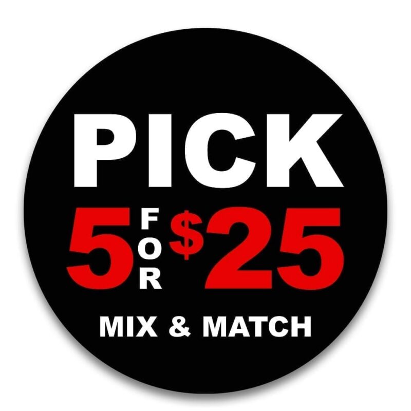 Pick 5 for $25 sticker Pick 5 for $25 sticker, black background with white and red text