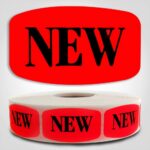 New Label Dayglo Sticker on a roll of 1000 labels, reads NEW in black print on read background