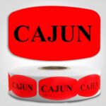 Cajun Label Red Dayglo Sticker on a roll of 1000 labels, reads Cajun in black print on red label