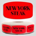 New York Steak Label Dayglo Red Sticker on a roll of 1000 permanent adhesive