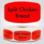 Split Chicken Breast Label Dayglo Red Sticker on a roll of 1000 permanent adhesive