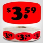 $3.59 pricing Label Red Dayglo Sticker on a roll of 1000 labels, reads $3.59 in black print on red label