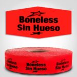 Boneless Spanish Translation Label Red Dayglo Sticker on a roll of 1000 labels, reads Boneless, Sin Hueso in black print on red label