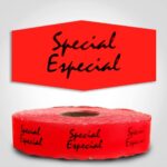 Special Spanish Translation Label Red Dayglo Sticker on a roll of 1000 labels, reads Special, Especial in black print on red label