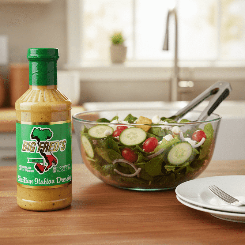 Big Freds Italian Dressing Big Freds Italian Dressing next to salad