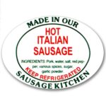 Hot Italian Sausage label, Oval sticker with ingredients with white background and red and green text