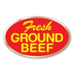 Fresh Ground Beef Label on a Foil Sticker with Red Background and Yellow Text