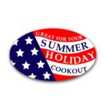Great for your summer holiday cookout label on an oval sticker with US flag design in background