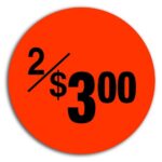 2 for $3.00 Pricing Label Round Red Sticker with black print