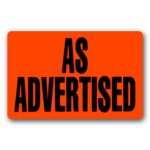 As advertised label, rectangle red sticker promotional label with large black print
