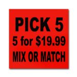Pick 5 for $19.99 Mix or Match Label on square sticker with red background and black print