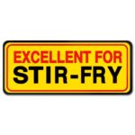 Excellent for Stir-Fry label rectangle yellow sticker with black and red text