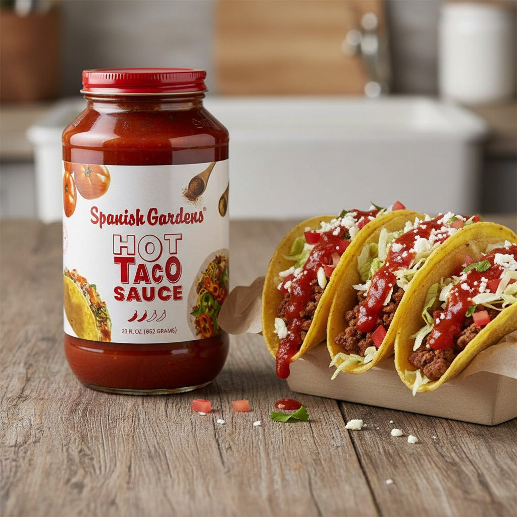 50622-Spanish-Garden’s-Hot-Taco-Sauce-23oz Spanish Garden’s Hot Taco Sauce 23 ounce jar in a pack of 12