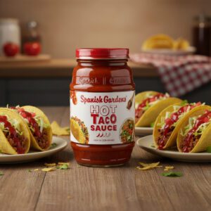 Spanish Garden’s Hot Taco Sauce 11.5 ounce jar in a pack of 12