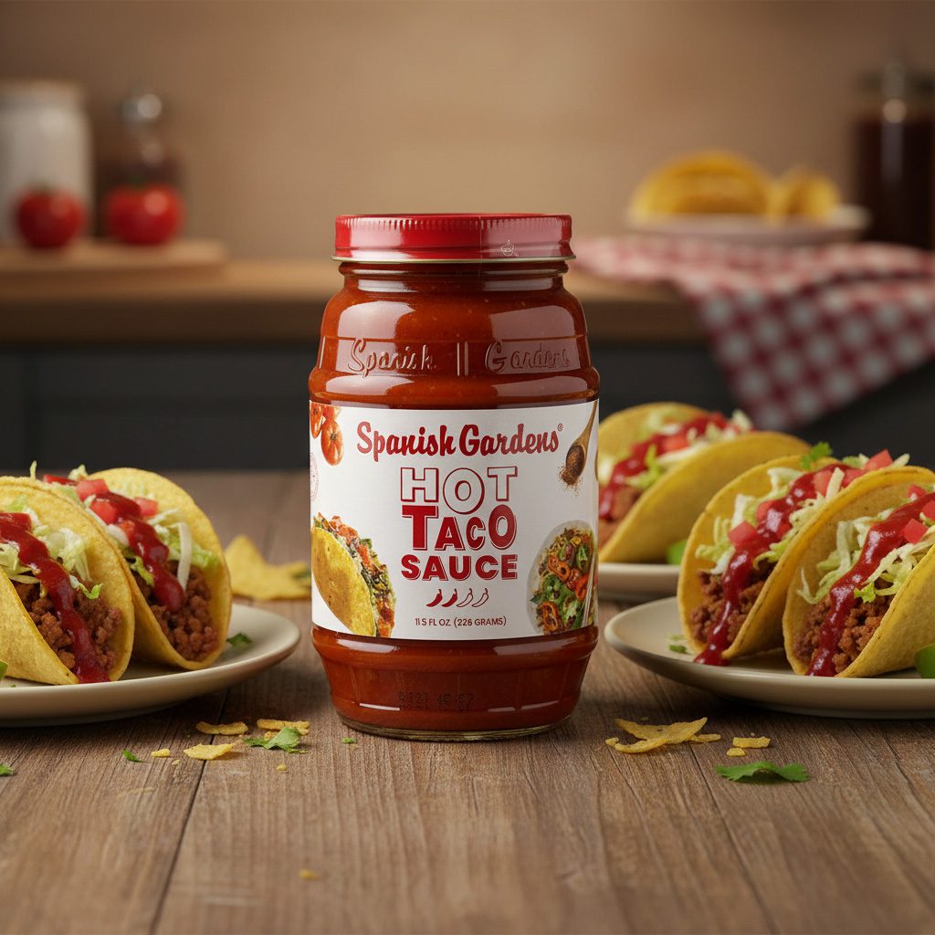 50623-Spanish-Garden’s-Hot-Taco-Sauce-11oz Spanish Garden’s Hot Taco Sauce 11.5 ounce jar in a pack of 12
