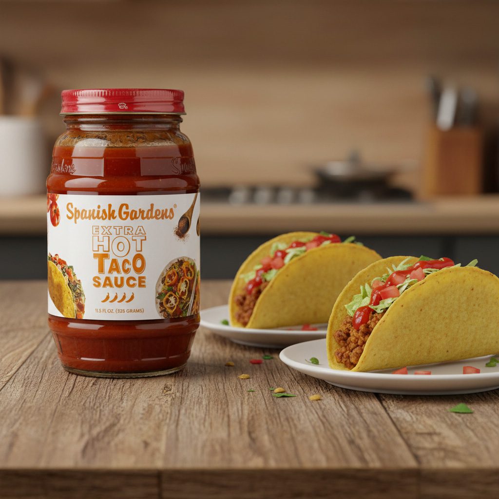 50624-Spanish-Garden’s-Extra-Hot-Taco-Sauce-11oz Spanish Garden’s Extra Hot Taco Sauce 11.5 ounce jar in a pack of 12