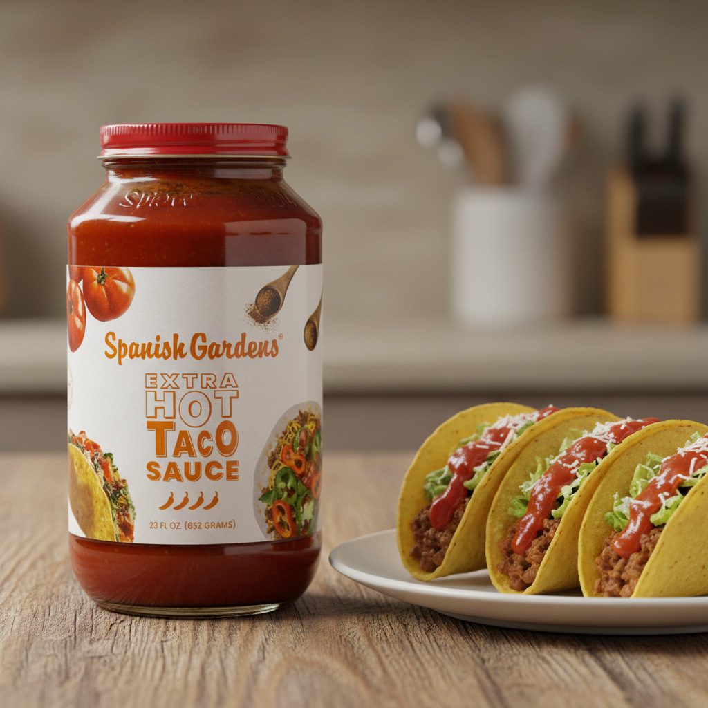 50628-Spanish-Garden’s-Extra-Hot-Taco-Sauce-23oz Spanish Garden’s Extra Hot Taco Sauce 23 ounce jar in a pack of 12