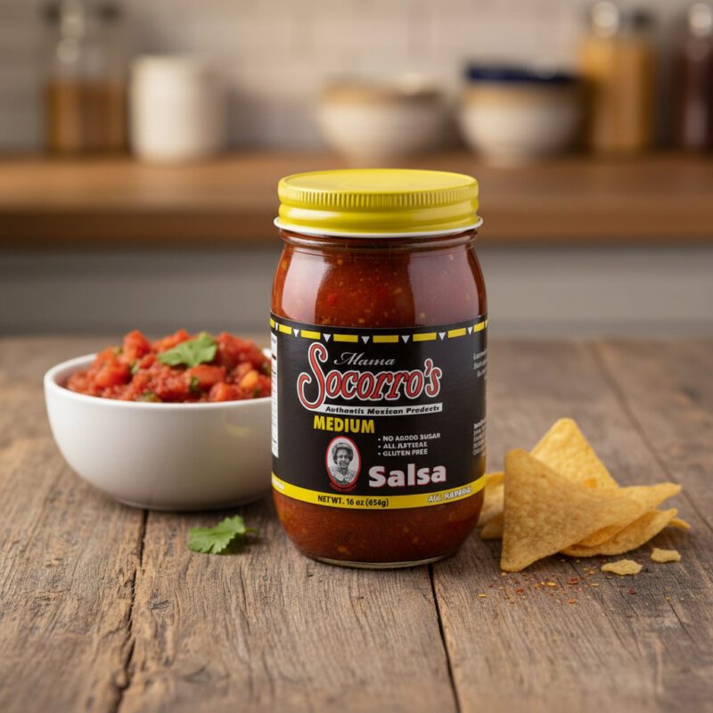 50641-Mama-Socorro’s-Medium-Salsa-16oz Mama Socorro’s medium Salsa in a 16 ounce jar packed 12 per case