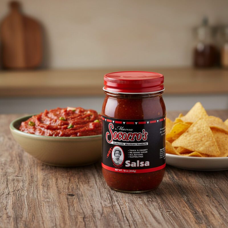 50642-Mama-Socorro’s-Hot-Salsa-16oz Mama Socorro’s hot Salsa in a 16 ounce jar packed 12 per case