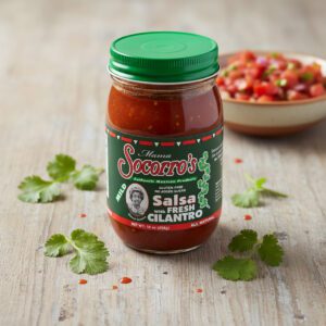 Mama Socorro’s Mild Salsa with fresh cilantro in a 16 ounce jar packed 12 per case