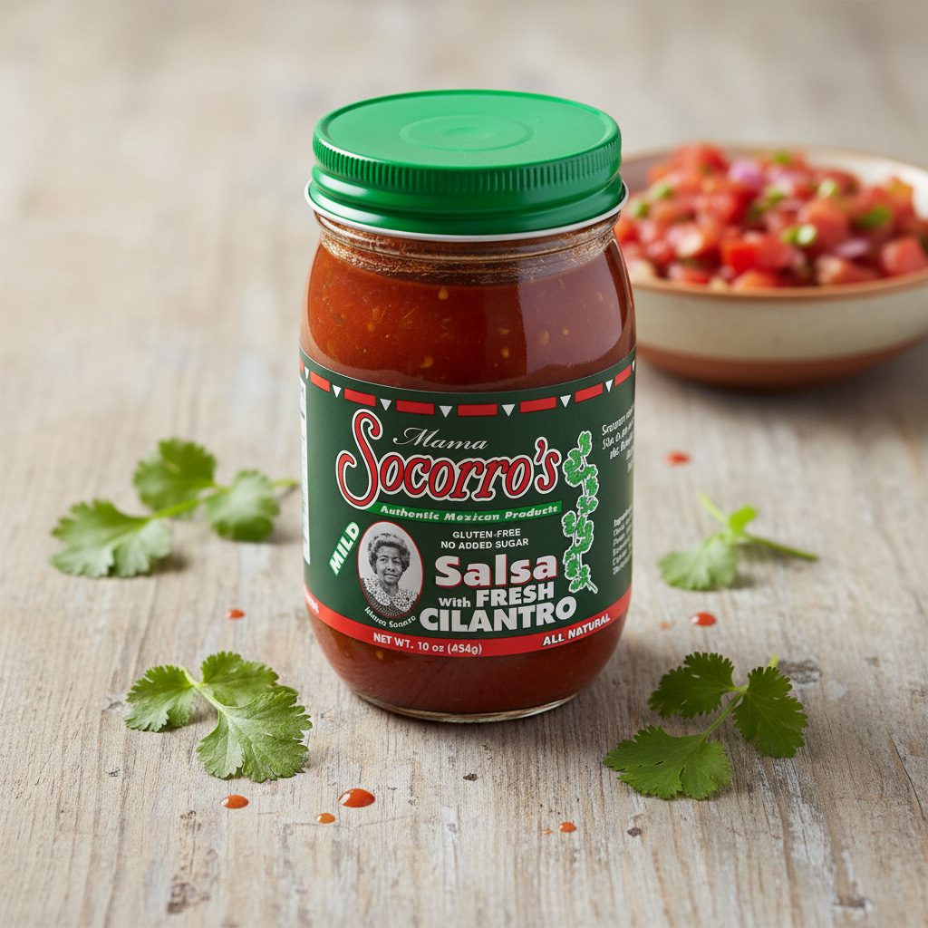 50643-Mama-Socorro’s-Mild-Salsa-with-Fresh-Cilantro-16-oz Mama Socorro’s Mild Salsa with fresh cilantro in a 16 ounce jar packed 12 per case