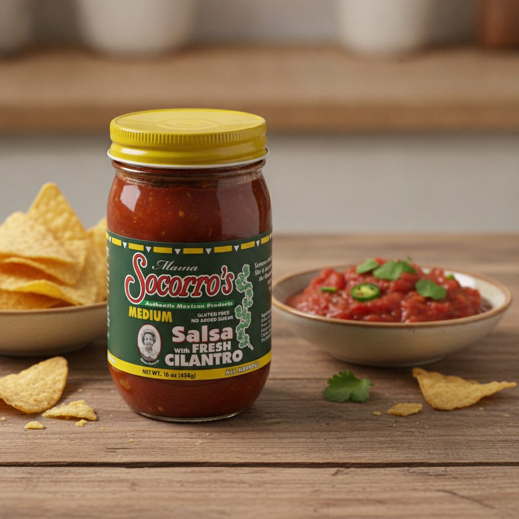50644-Mama-Socorro’s-Medium-Salsa-with-Fresh-Cilantro Mama Socorro’s medium Salsa with fresh cilantro in a 16 ounce jar packed 12 per case