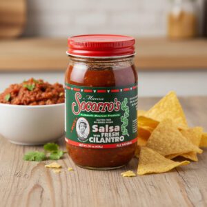 Mama Socorro’s hot Salsa with fresh cilantro in a 16 ounce jar packed 12 per case