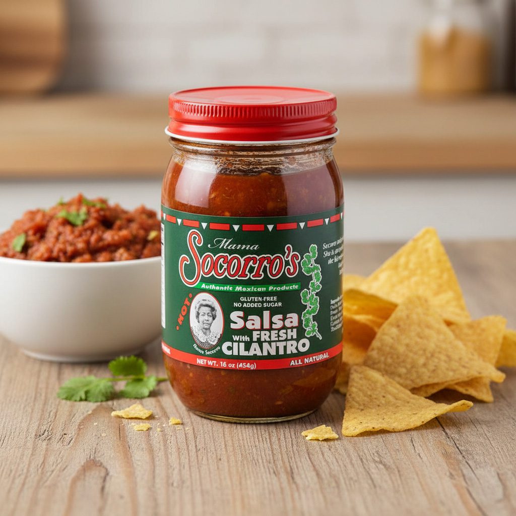 50645-Mama-Socorro’s-Hot-Salsa-with-Fresh-Cilantro Mama Socorro’s hot Salsa with fresh cilantro in a 16 ounce jar packed 12 per case