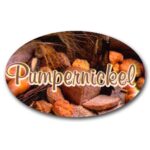 Pumpernickel Bread Label Flavor Oval Sticker with Pumpernickel Bread pictured in the background with the word Pumpernickel printed on top