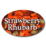 Strawberry Rhubarb Pie Label Flavor Oval Sticker with Strawberry Rhubarbs pictured in the background with the word Strawberry Rhubarb printed on top