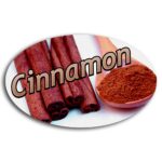 Cinnamon Label Flavor Oval Sticker with Cinnamon Sticks pictured in the background with the word Cinnamon printed on top