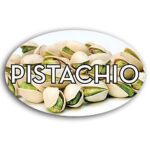 Pistachio Label Flavor Oval Sticker with a slice of Pistachios pictured in the background with the word Pistachio printed on top