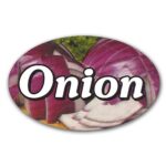 Onion Bread Label Flavor Oval Sticker with Onions pictured in the background with the word Onion printed on top