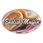 English Muffin Label Flavor Oval Sticker with English Muffins pictured in the background with the word English Muffin printed on top