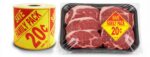 Roll of Family Pack Labels next to ground beef tray in supermarket display
