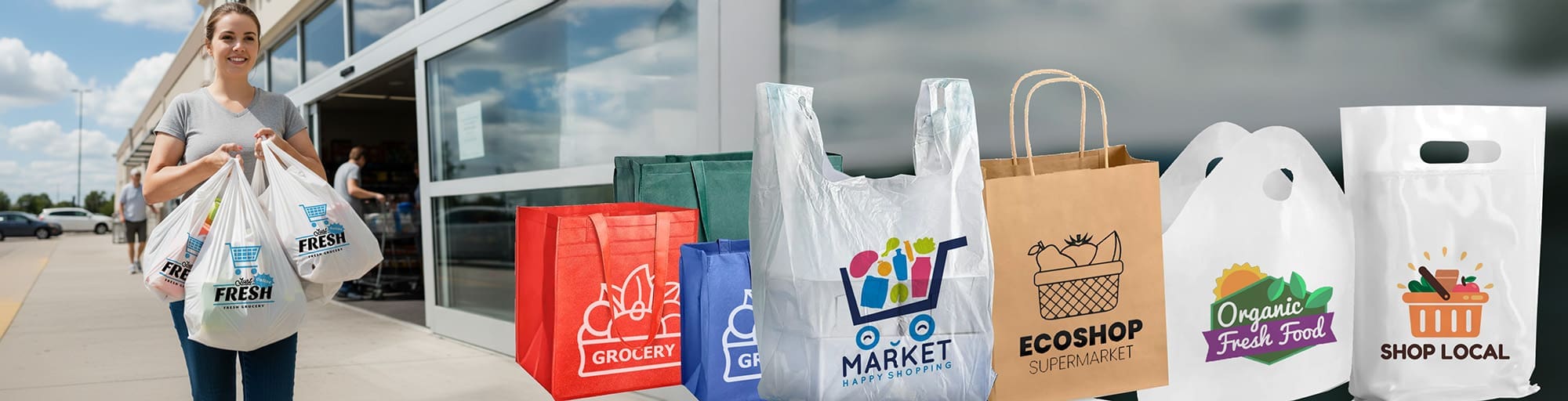 Shop Custom Branded Bags with woman holding a custom bag and several types of custom bags shown