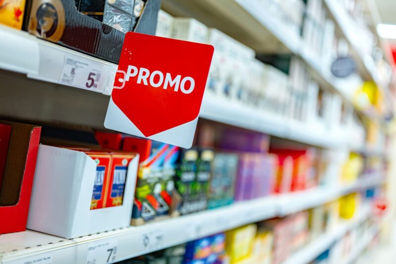 Promo sign at a shelf in a supermarket.