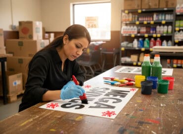 Woman Making Sign with Paints