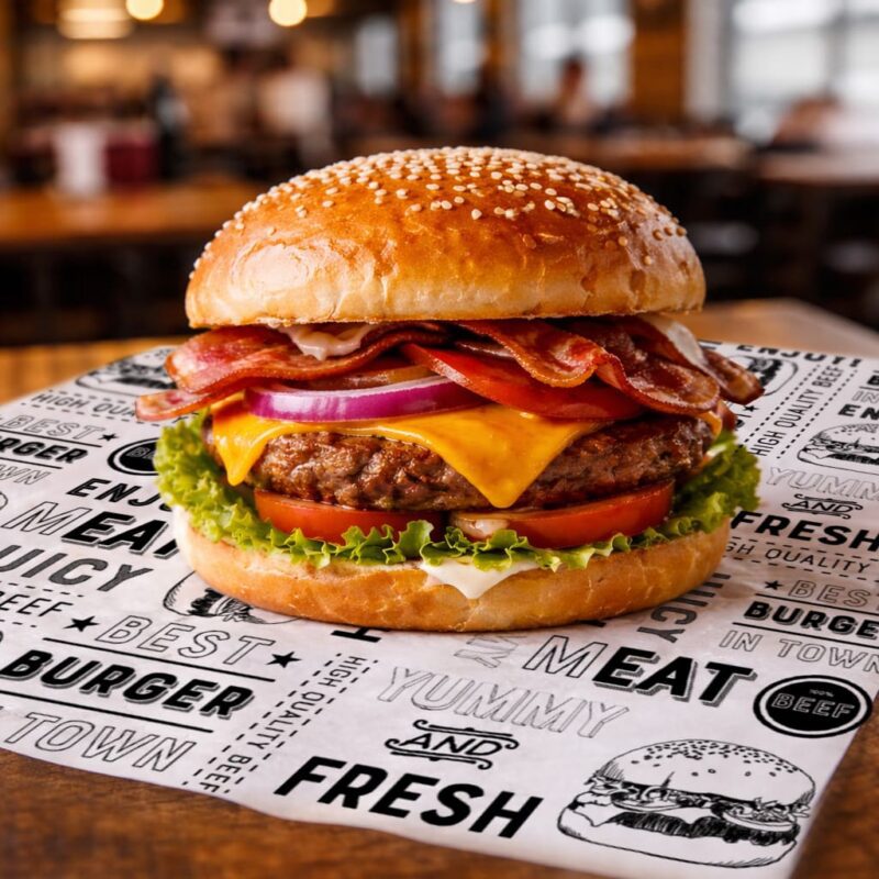 100073 Burger Paper Wrap SQ Burger sitting on Burger Print Paper Wrap