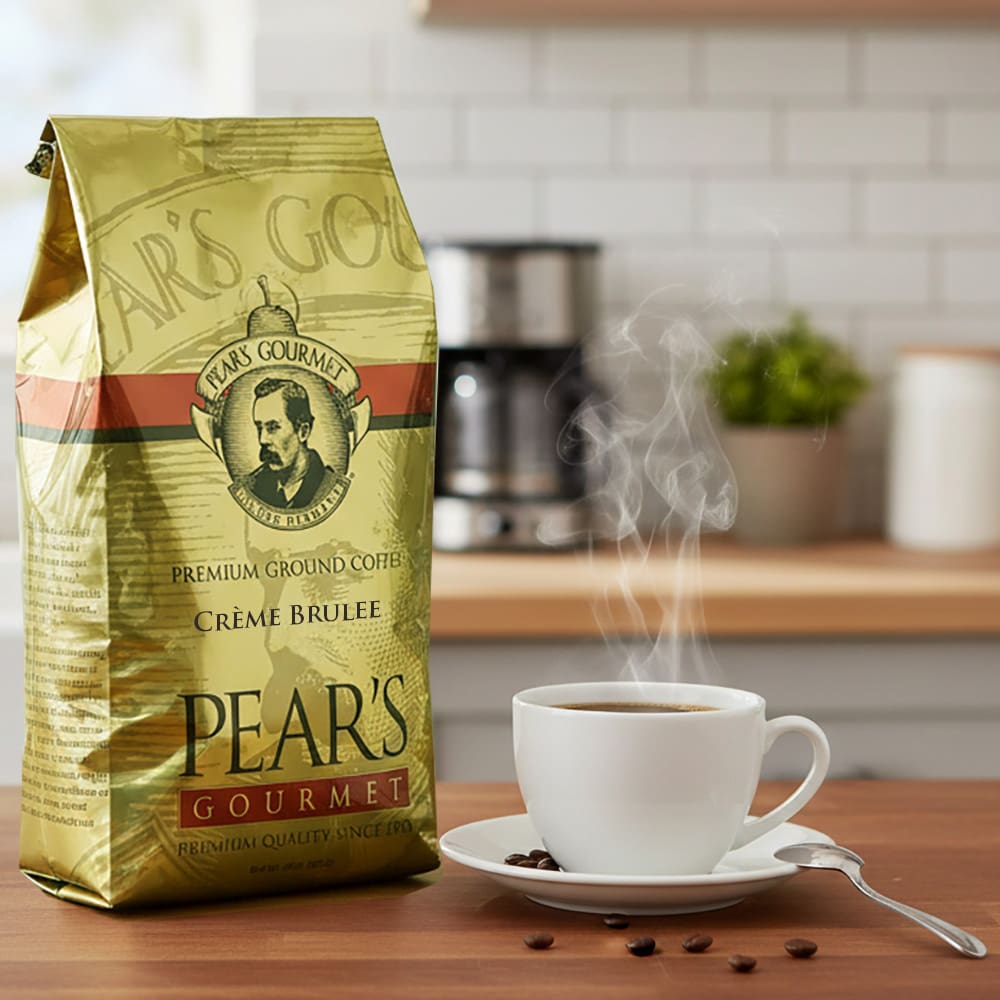 34138 Pear’s Coffee Crème Brulee 24oz next to a cup of coffee Pear's Coffee Crème Brulee 24oz next to a cup of coffee