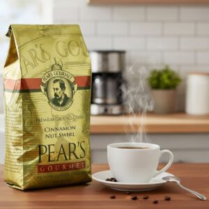 Pear's Coffee Cinnamon Nut Swirl 24oz next to a cup of coffee