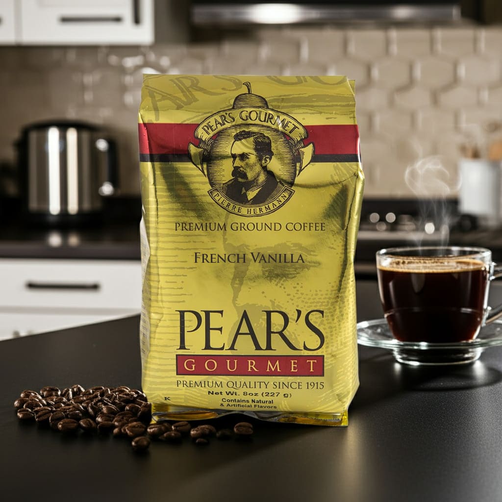 34674 Pears Coffee French Vanilla 8oz next to coffee Pears Coffee French Vanilla 8oz next to coffee