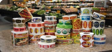 Food labels and pricing stickers in a grocery store
