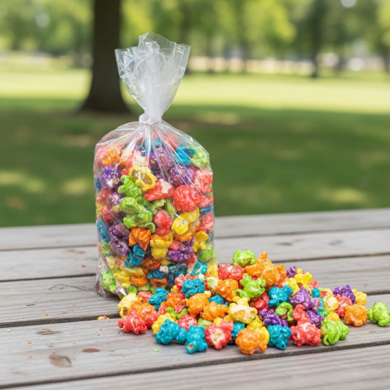 100754 popcorn bag sitting on park bench