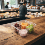 Square 4 Cell Take Out Container with inside fit lid clear on counter