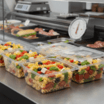 Tamper Evident Medium Square Take Out Bowls on deli counter