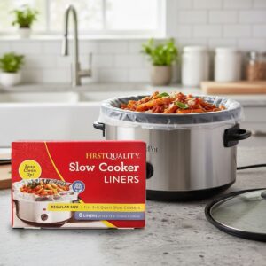 Slow Cooker Liner First Quality shown next to 3-8 Quart Slow Cookers